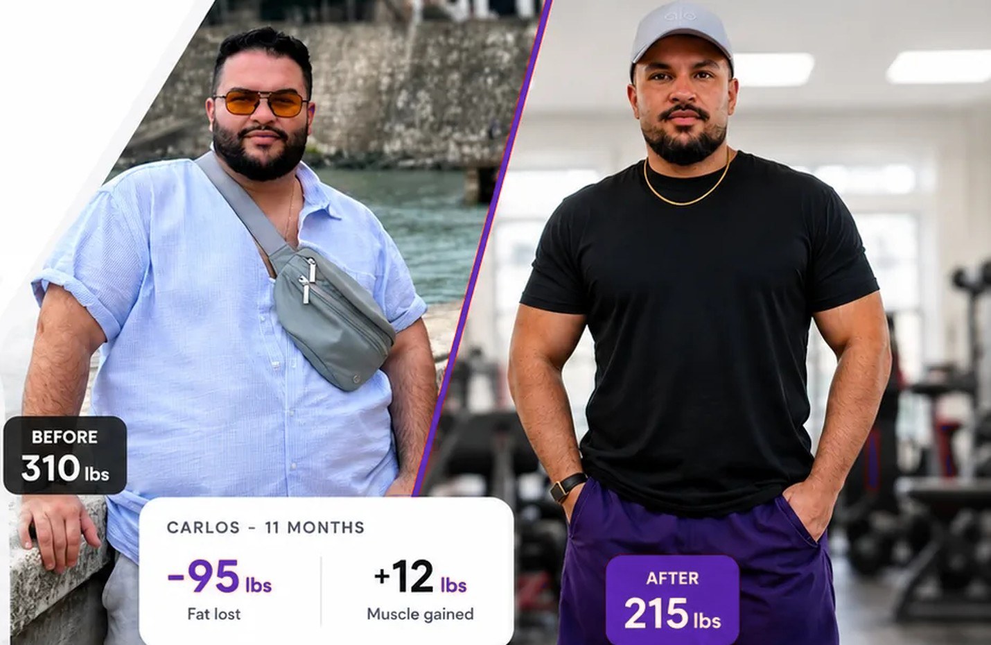 Carlos Velez before and after: 95 lbs of fat lost, 12 lbs of muscle gained