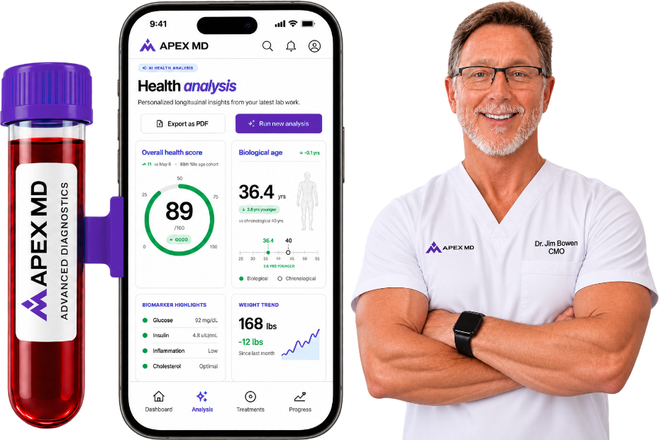 Apex MD lab vial, member app health analysis and Dr. Jim Bowen, CMO