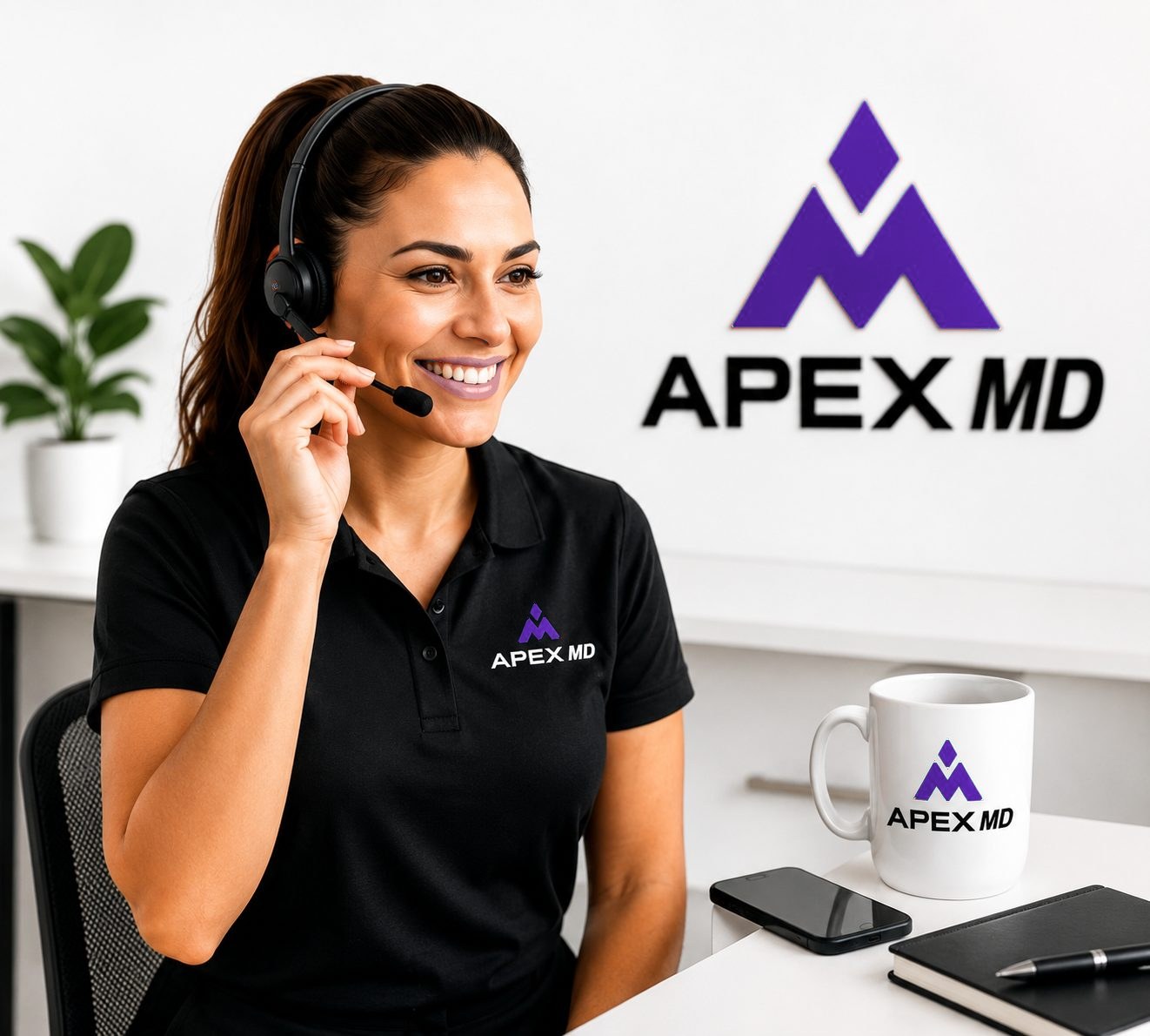 Apex MD support specialist on a headset