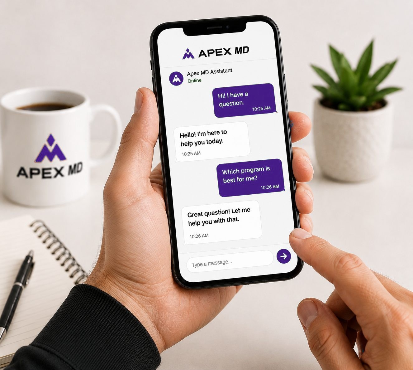 Apex MD assistant chat on a phone