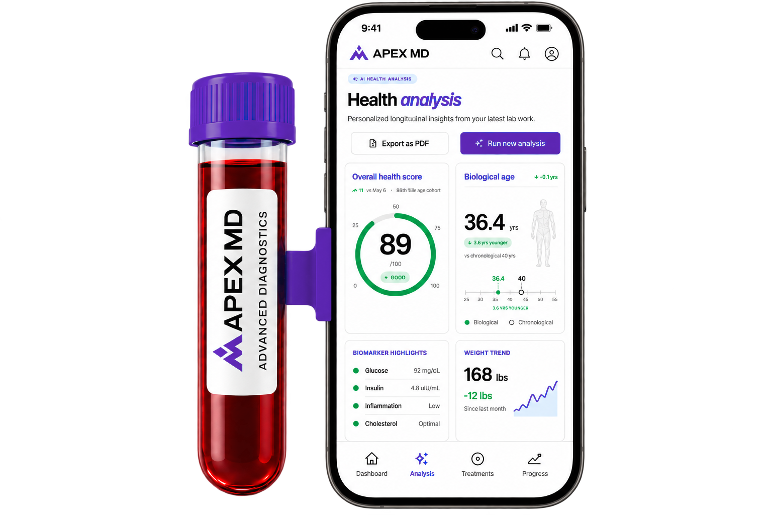 Apex MD blood vial and health analysis in the app
