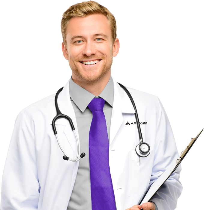 Apex MD provider with a stethoscope and chart