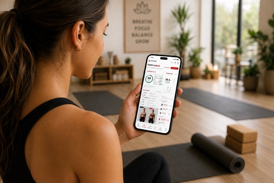 Member reviewing her Apex MD health analysis in the app