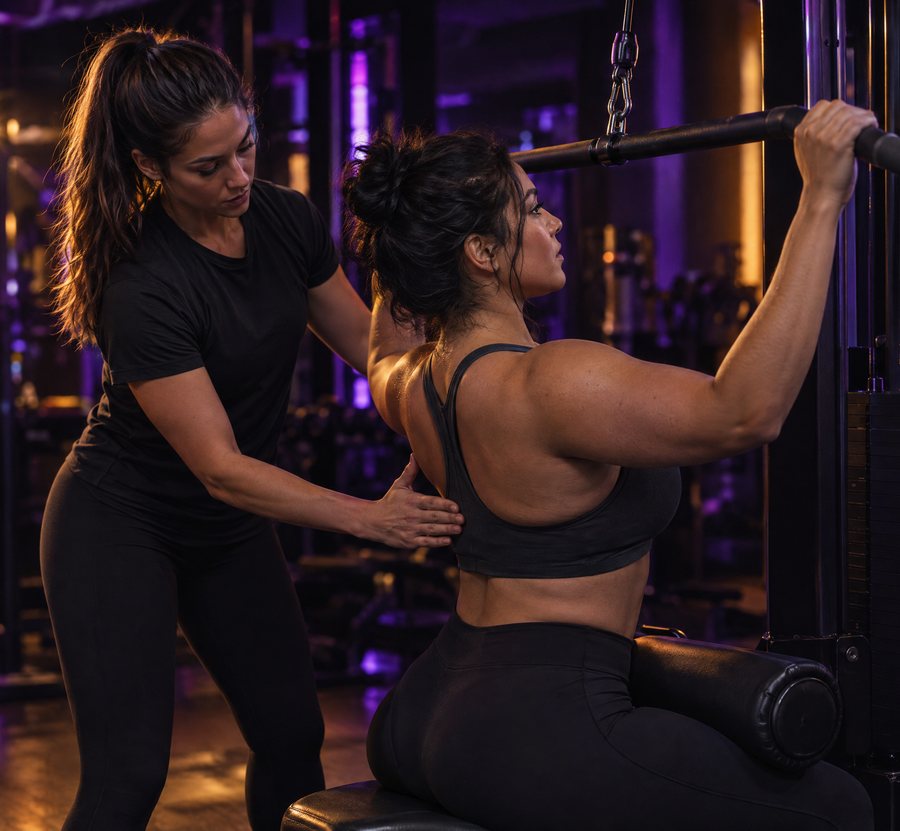 Trainer coaching a member through a lat pulldown